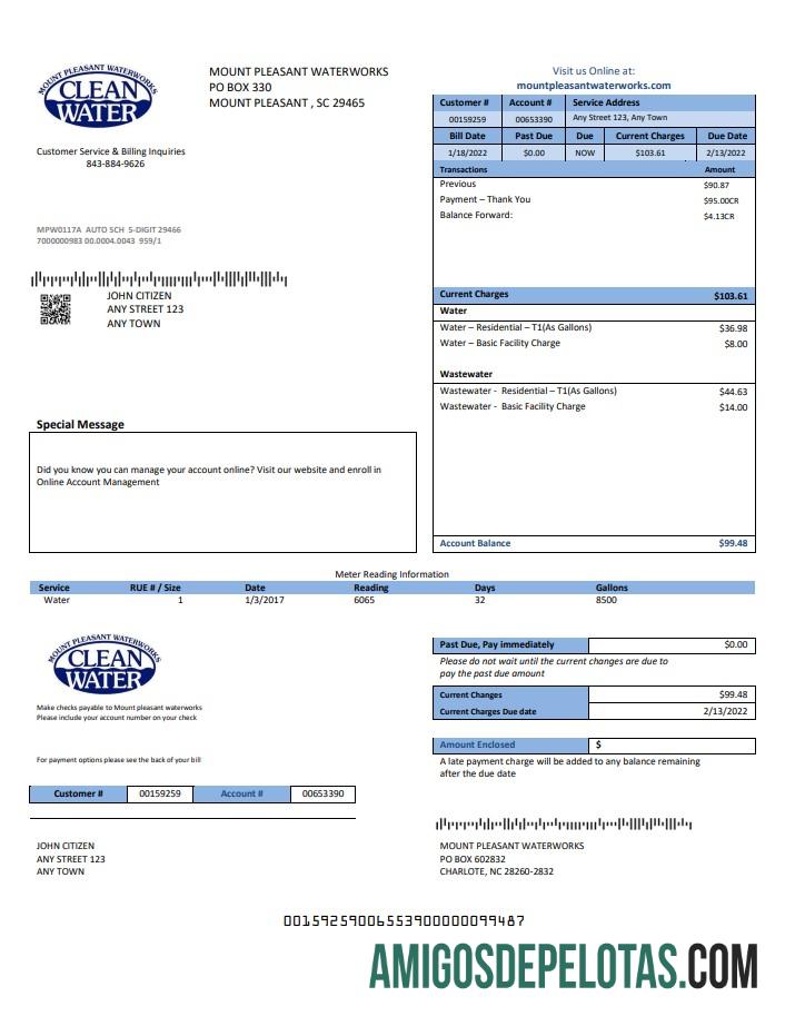 Em branco modelo de conta de serviços públicos de água limpa dos EUA em formato Word e PDF